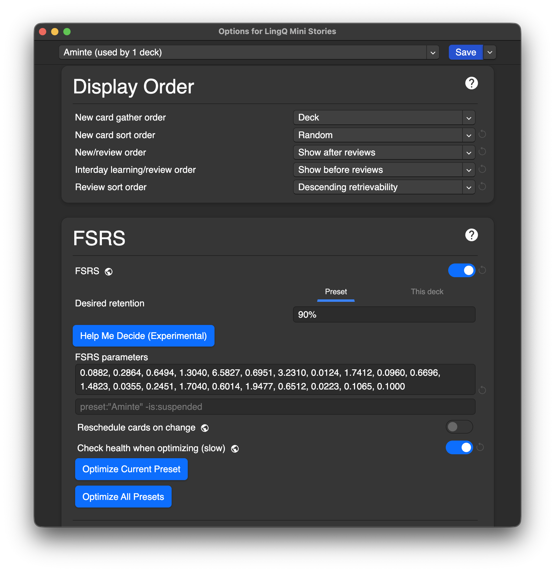 Anki deck options, part 2: display order settings, with FSRS enabled and desired retention at 90%